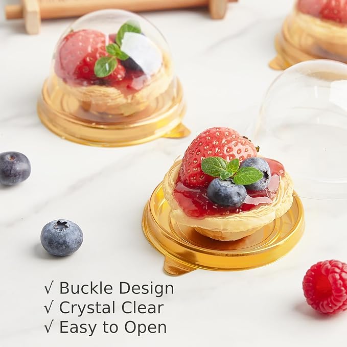 Zezzxu 100 Pack Mini Cake Containers, Clear Plastic Small Cupcake Boxes with Dome Lids for Individual Chocolate Covered Cookies, Strawberry, Mooncake (Gold)