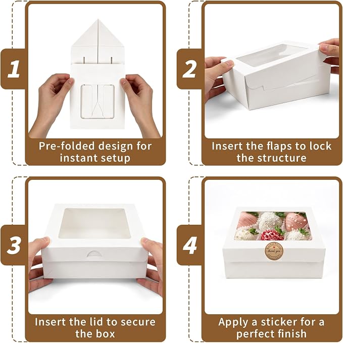 Homrelaxy 32 Pcs White Bakery Boxes with Window - 6x6x3 Inches Cardboard Cookies Boxes with Stickers for Macaroon, Pastries, Donuts, Cupcakes, Cookies and Chocolate Strawberries
