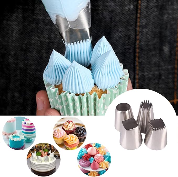 Hendiy Large Square Round Piping Cakes Decoration Set Nozzles Tips Piping Kit for Pastry Cupcakes Cakes Cookies Decorating Stainless Steel Kitchen Gadgets Decor (Type 4) | Cupcake Frosting Kit, Churro Piping Tip, Pastry Tips, F02 F06 9ft R22l