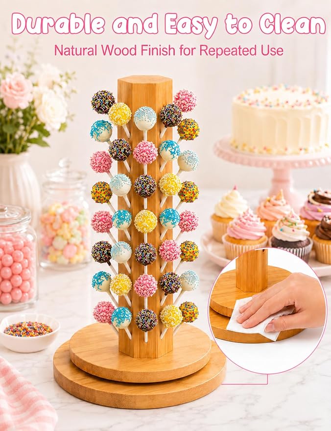Wood Cake Pop Stand 36 Holes with Spinning Base,Cake Pop Holder Stand for Dessert Table,Lollipop Holder Candy Table Display with Treat Bags,Lollipop Sticks & Gold Twist Ties, Dessert Stand for Wedding Birthday Baby Shower Parties Anniversaries (kit)