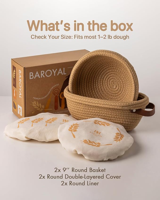 Crispier Crust Cotton Rope Banneton Bread Proofing Basket Set of 2, Round Bread Baskets with Liners & Covers for Artisan Bread Baking, Sourdough Bread Baking Supplies, Gift-Ready(Brown)