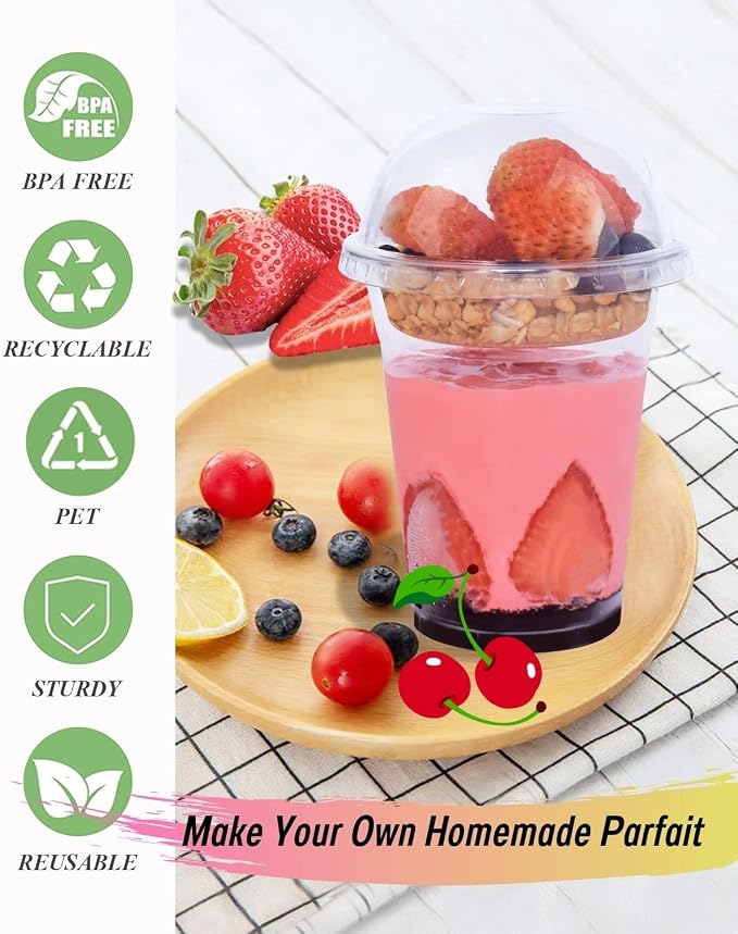 50 Sets 12 oz Clear Plastic Cups with Insert & Dome Lids(NO HOLE) - Disposable Parfait Cups with Lids for Fruit Yogurt Smoothie Iced Cold Drinks Dips and Veggies, No Leaking