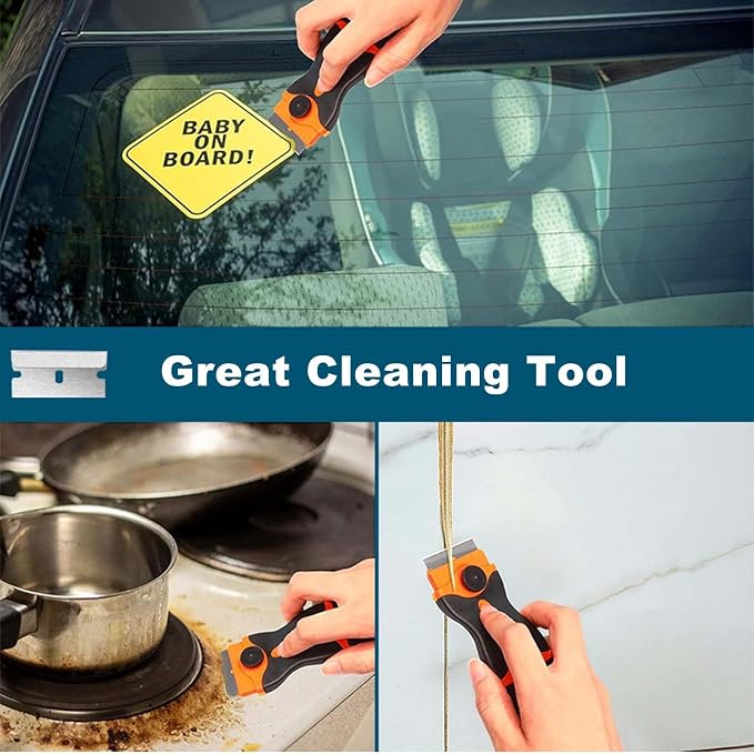 2 Pack Razor Blade Scraper Tool With Extra 10pcs Plastic Blades And 10pcs Metal Blades, 2-in-1 Scraper Tool Cleaning Razor Scraper For Decals, Stickers, Labels, Caulk, Adhesive, Paint, Cooktop