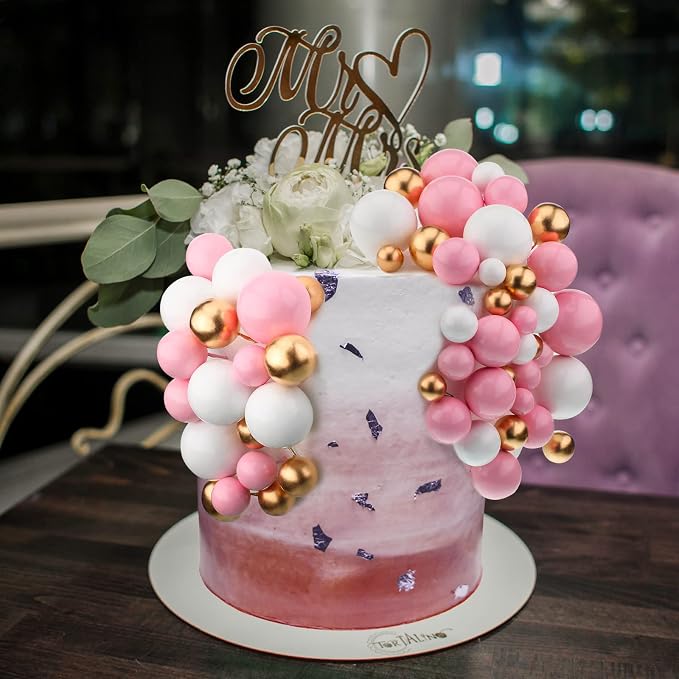 108 Pcs Balls Cake Topper DIY Cupcake Insert Foam Balloons for Cake Baking Wedding Anniversary Birthday Decoration(Pink, White, Gold,Multi Sizes)