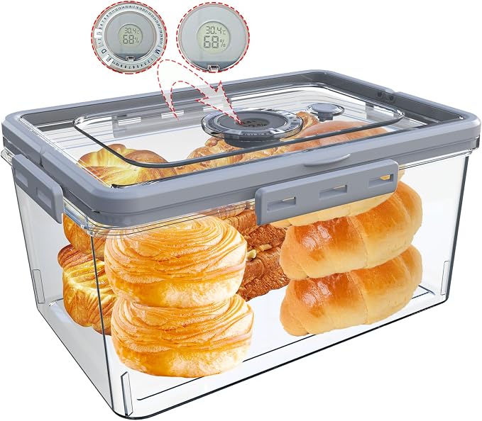 Bread Box With Digital Hygrometer, Portable Bread Boxes with Lid and Handle,New Upgrade Time Recording Bread Storage Container for Homemade Breads,Toast, Bagel, Donut and Cookies,Gifts for Mom Dad