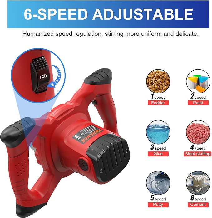 Electric Handheld Cement Mixer, Portable Mortar Mixer with 6 Adjustable Speed, 110V Mud Mixer for Mixing Plaster,Cement, Paint, Fodder