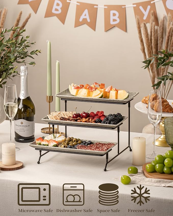 LAUCHUH 3 Tier Serving Tray, Porcelain Serving Platters and Trays for Party 12 Inch Tiered Tray Stand Cupcake Stand with Collapsible Sturdier Rack for Father's Day Serving Food, Speckled Gray