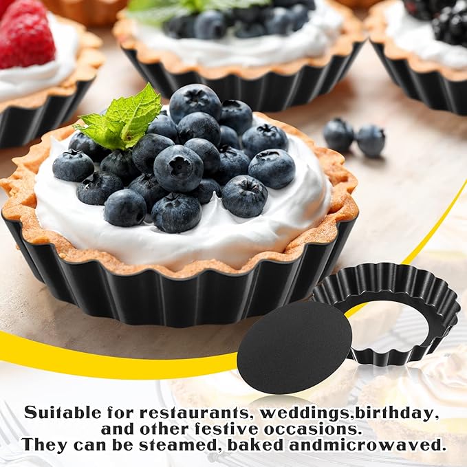 Tessco for you 16 Pcs Mini Tart Pans for Baking, 3 Inch Quiche Pans with Removable Bottom, Nonstick Egg Tartlets Molds Fluted Side Bakeware for Pie Fruit Tart Cheesecake Dessert (Black Gray Round)