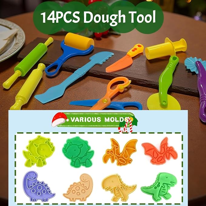 14Pcs Dough Tools Play for Kids-Dough Accessories Dinosaur Rolling Pins Cutters Roller, Party Favors Toy for Ages 3+