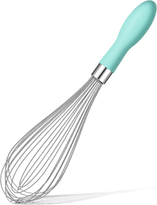 Rainspire 12-Inch Wire Whisk Stainless Steel, Balloon Whisks for Cooking, Wisk Wisking Tool With Soft Silicone Handle, Thick Durable Whisker for Blending, Beating, Whisking, Stirring, Mint Green