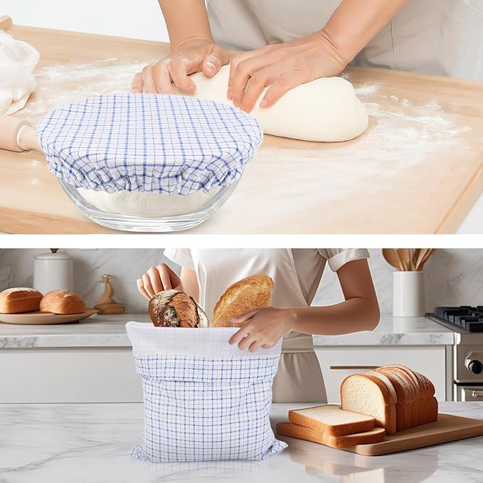 Reusable Bread Bags for Homemade Bread with TPU Lining & Proofing Bowl Cover, Organic Cotton Sourdough Bread bags for Baker Lovers(checker)