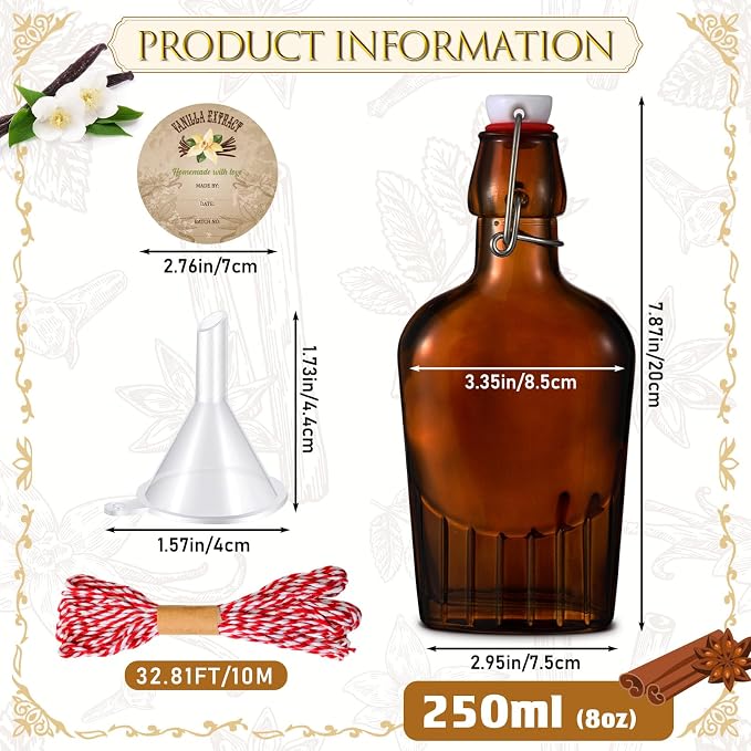 Uiifan 2 Pack 8 oz Vanilla Extract Bottles with Swing Top Flask Whiskey Pocket Amber Glass Flask for Homemade Vanilla Extract Lemon Kombucha Water Apply Christmas Wedding Gift (Amber)