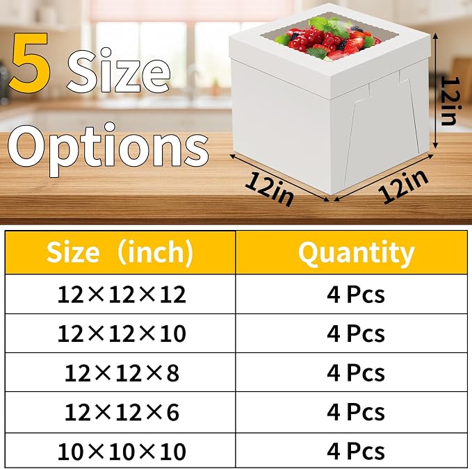 WINKIO 4 Pack Cake Boxes, Disposable Cake Transport Container, White Bakery Boxes with Large Window, for Cookies Pies Cupcakes Pastry (12×12×12)