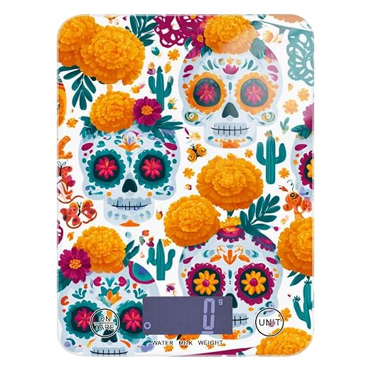 Food Scale Kitchen Digital Scale Food Ounces and Grams Dieting Baking Cooking Waterproof Glass Panels LCD Display,4 Units Scale Tare Function Skull Mexican Halloween White