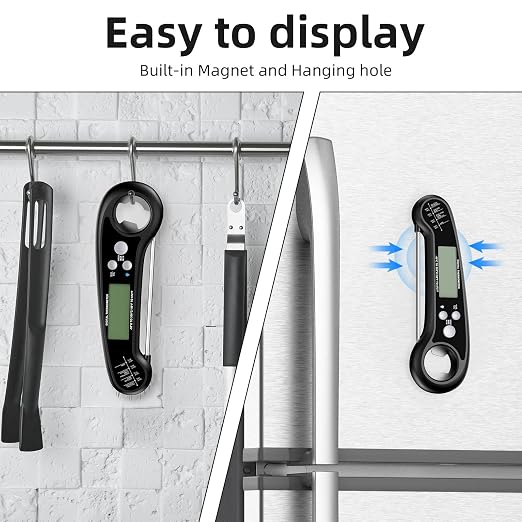 Instant Read Meat Thermometer for Grill and Cooking, Fast and Accurate Digital Food Thermometer with Backlit bi-fold Probe for Kitchen ovens, Frying, Candy, Steak (Black)