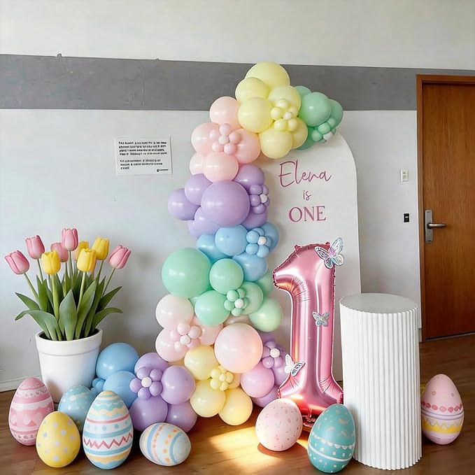 1st Pastel Rainbow Birthday Decorations for Girls,Macaron Pink Blue Purple Green Yellow Colorful Confetti Balloons Banner Star Heart Number 1 Foil Balloon Butterfly Stickers Easter Decor