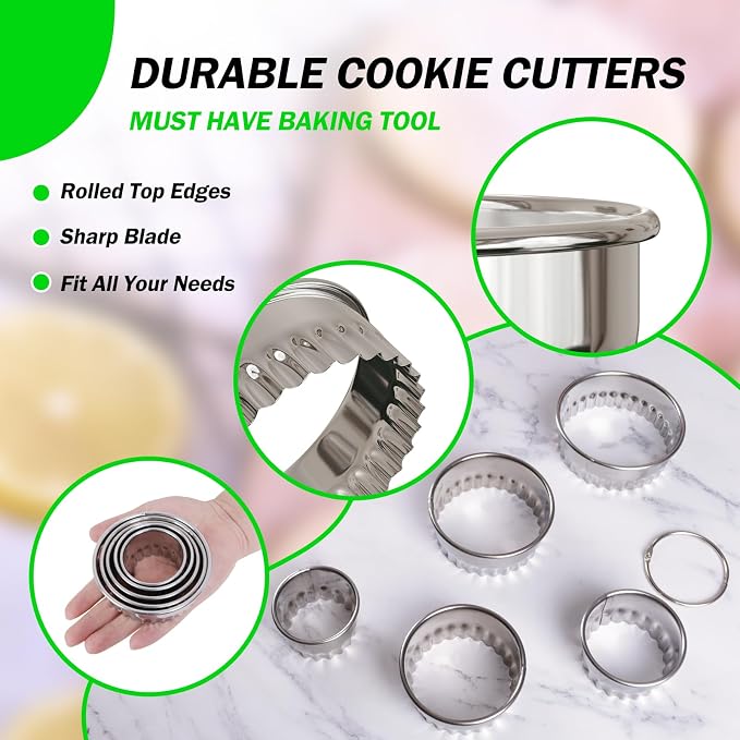 Fluted Round Cookie Cutter (2”, 2.4”,2.8”, 3.1”, 3.5”), Scalloped Biscuit and Circle Crinkle Cracker Cutters Set, Heavy Duty, Food-Grade Stainless Steel