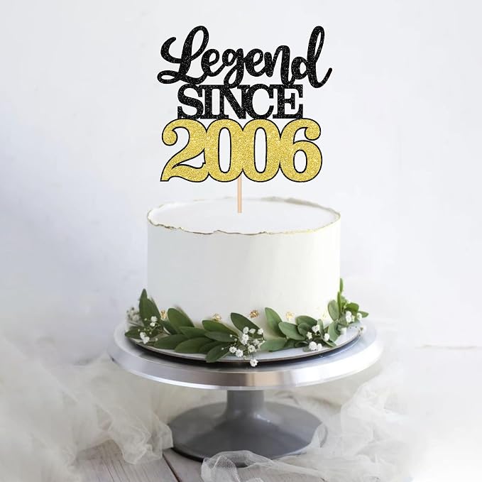 1 PCS Legend Since 2006 Cake Topper Black Gold Glitter Twenty Happy 20th Birthday Cake Pick Hello 20 Cheers to 20 Years Cake Decoration for 20th Birthday Anniversary Party Decorations Supplies