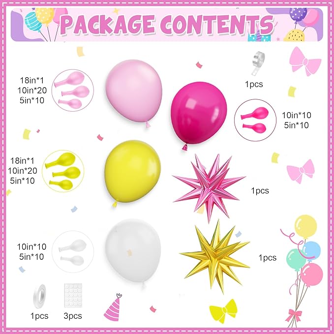 Hot Pink Yellow Balloon Arch Kit, Yellow Pink Clear Balloon Garland Kit with Large Pink Gold Star Foil Balloons, for Baby Shower Butterfly Fiesta Princess Birthday Wedding Bridal Party Decorations