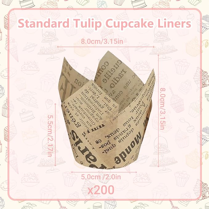200 Pcs Newspaper Tulip Cupcake Liners for Baking, Natural Color | Standard Greaseproof Tulip Muffin Liners for Baking, 3oz Newspaper Paper Cupcake Wrappers for Party Wedding Birthday