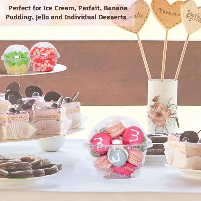 5 oz Clear Plastic Dessert Cups with Dome Lids (25Sets) - Disposable Snack Bowls (No Hole) for Cereal Parfait, Yogurt, Cupcakes, Pudding, Jello and Individual Desserts at Party