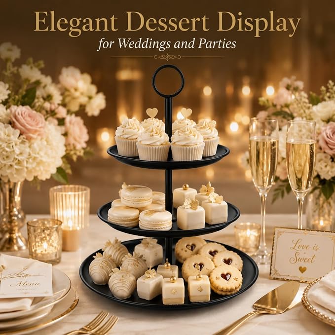 YOUNTHYE Black Cupcake Stand 3 Tier, Stainless Steel Tiered Dessert Stand for Wedding, Birthday, Tea Party, Holiday Dessert Table, Serving Tray for Cupcakes, Cookies, Macarons and Fruit