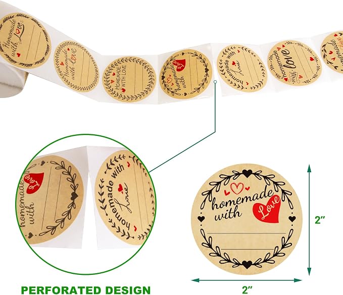 Fancy Land 500Pcs Homemade with Love Stickers with Lines Jar Canning Labels for Baked Packaging Cookie Bags Roll 2”