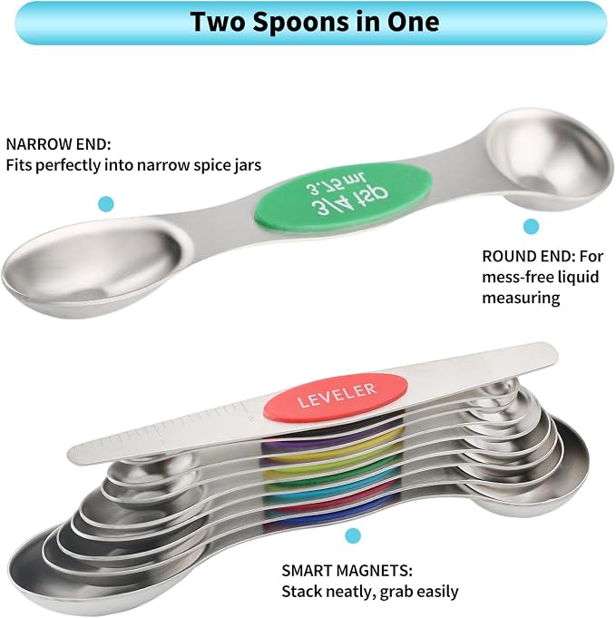 Magnetic Measuring Spoons Set of 9 with Leveler, Color-Coded Dual Sided Stainless Steel Measuring Spoon Set, Stackable Teaspoon and Tablespoon Set for Baking, Cooking, Kitchen Gadgets Dishwasher Safe