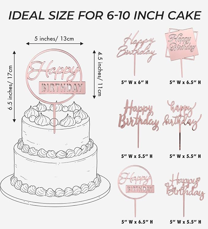 6-Pack Acrylic Birthday Cake Toppers, Mirror Pink Happy Birthday Sign for Cake Decorations