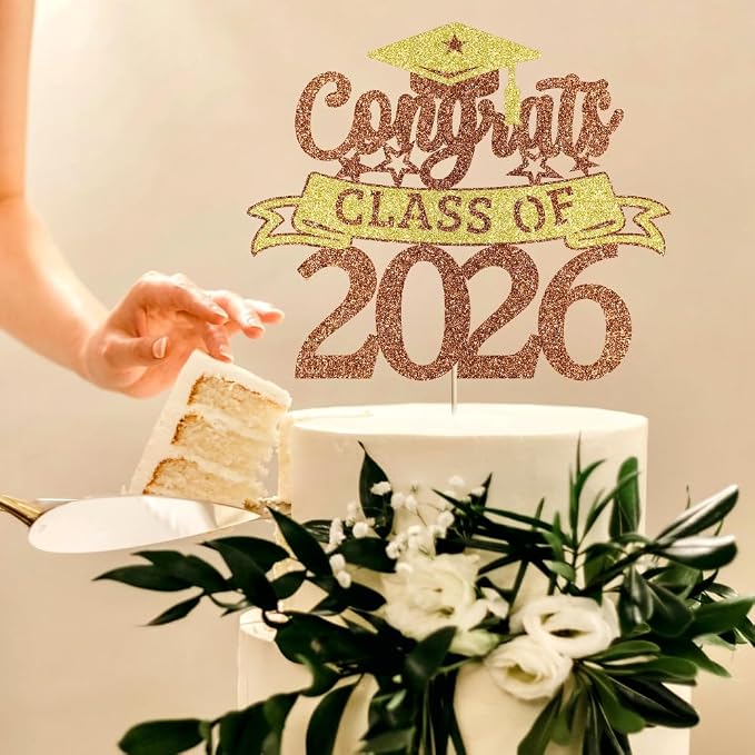 Glitter Class of 2026 Cake Topper，Congrats Grad Decorations， 2026 Happy Graduation High School/College/University Graduation Party Supplies Brown and Gold