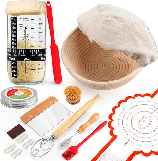 Joyyy Sourdough Starter Kit, Banneton Bread Proofing Basket, 8.5Inch Proofing Basket for Baking, Banneton Bread Baking Gift Set, Sourdough Bread Baking Supplies (Black)