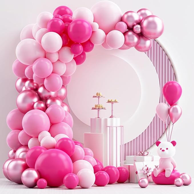 NISOCY Pink Balloons Garland Arch Kit, 18In 12In 10In 5In Different Size 124pcs Hot Pink Metallic Pink Balloons for Valentine's Day Wedding Baby Shower Princess Birthday Pink Party Decorations