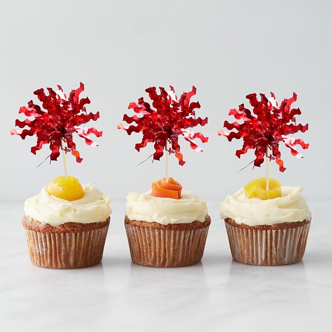 Gyufise 30Pcs Foil Firework Cupcake Toppers Sparkle Tinsel Cake Toppers Tinsel Drink Cake Decoration Cocktail Picks for Birthday Wedding Graduation Party Supplies Red