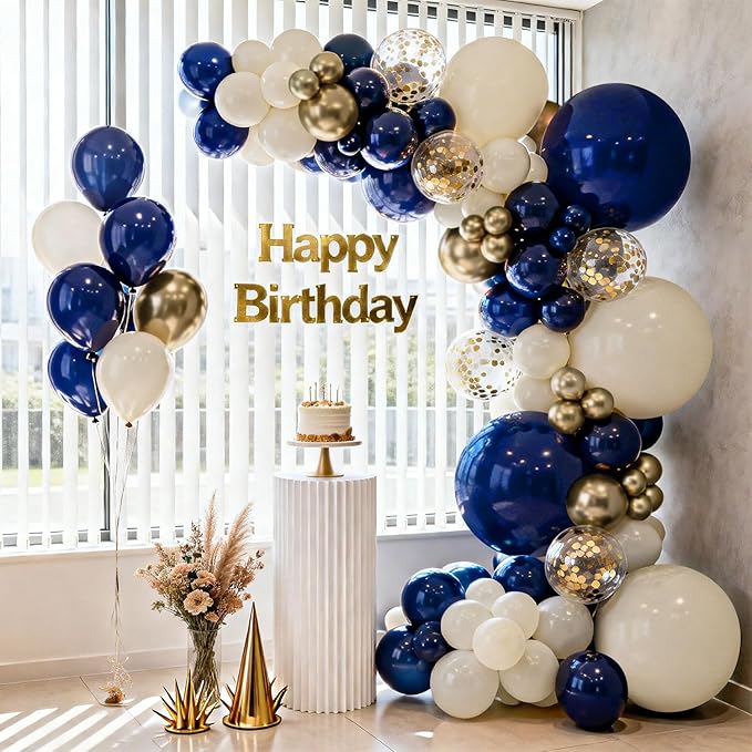 Blue and Gold Balloons Arch Kit, Navy Dark Blue Latex Balloon Arch Kit with Chrome Gold Sand White Balloons Garland and Gold Confetti Balloons for Wedding Boy Birthday Gender Reveal Party Decoration