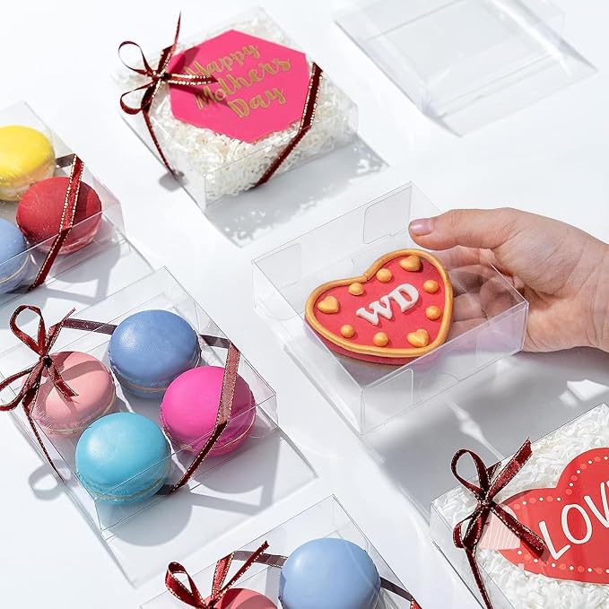 50 Pack 4x4x1.2inch Clear Single Cookies Boxes with Full Window Plastic Boxes Bakery Packaging for Small Treat Macaron Donut Chocolate Dessert Party Christmas Valentine's Mother's Day Birthday