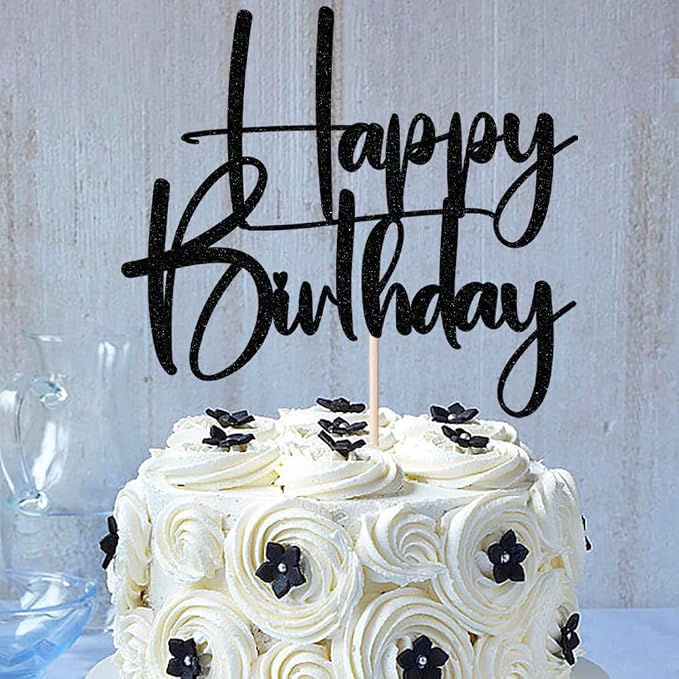 Happy Birthday Cake Topper,black Glitter Cake Pick Bunting Decor for Anniversary Birthday Party Cake Decorations Supplies