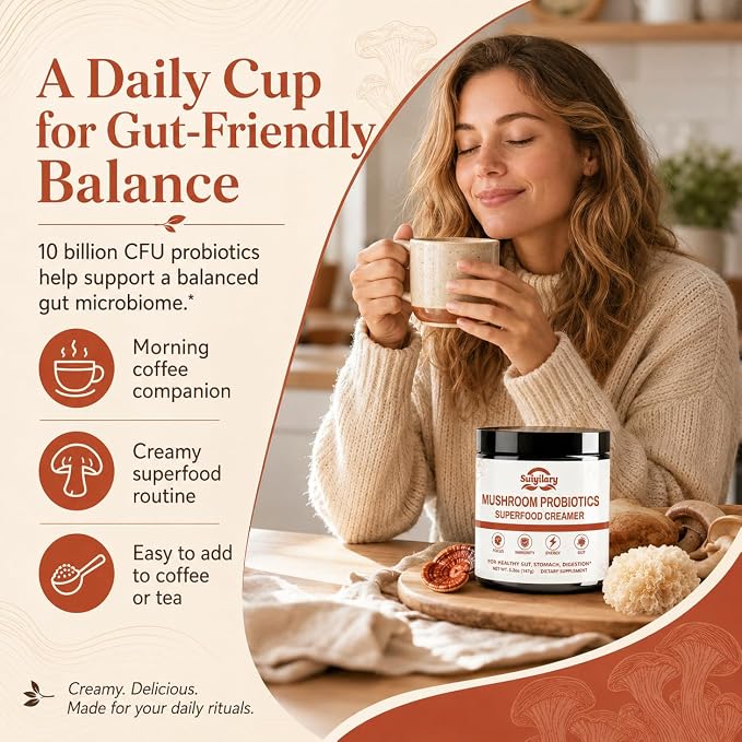 Suiyilary Mushroom Probiotic Coffee Creamer, 10 Mushrooms Creamer with Probiotics, Lion’s Mane, Cordyceps, Reishi, Turkey Tail, Shiitake for Gut, Digestion, Gluten Free 21 Serving
