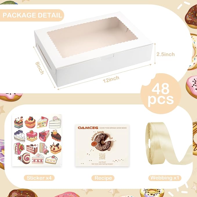 OAMCEG 48 Pack Cookie Boxes with Window, 12x8x2.5 Inch Bakery Treat Boxes for Christmas Holiday Gift Giving, Desserts, Donuts, Pastries-White
