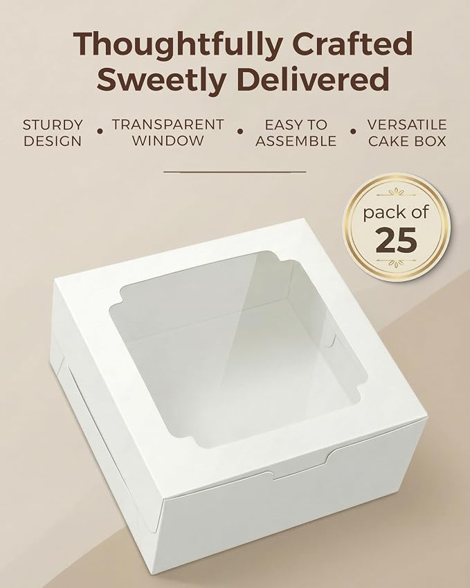 25pcs Cake Boxes 10x10x5 Inch with Window, 10 Inch White Bakery Boxes, Square Cardboard Large Pie Box, Package for Cookies, Donut, Birthday Party, Dessert, Wedding, Pastry Packaging (80 Pcs Stickers)