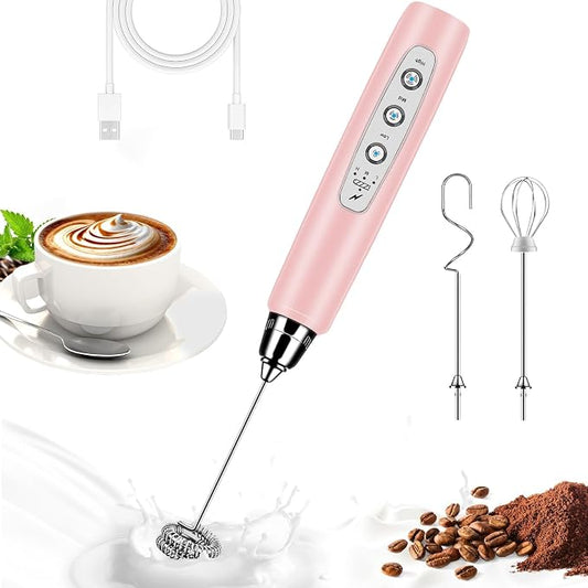 BSRGMS Milk Frother Handheld for Coffee, Electric Whisk 3 Speed Adjustable, Drink Mixer with Stainless 3 Whisks, Rechargeable Hand Frother Wand, Foam Maker for Latte Cappuccino Hot Chocolate Egg Pink