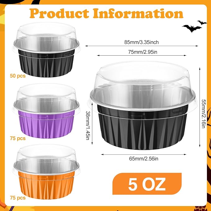 200 Pack Aluminum Foil Cupcake Liners with Lids, 5 oz Round Baking Cup, Disposable Ramekin Container for Graduation Wedding Independence Day Party(Purple, Orange, Black,Halloween)