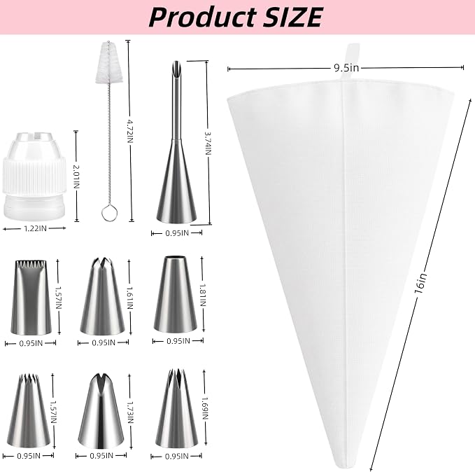 14-Piece Reusable Piping Bags and Tips Set- Cotton Baking Kit with Coupler, Stainless Steel Nozzles,Silicone Cable Ties& Cleaner for Cakes/Cupcakes/Cookies Decorating