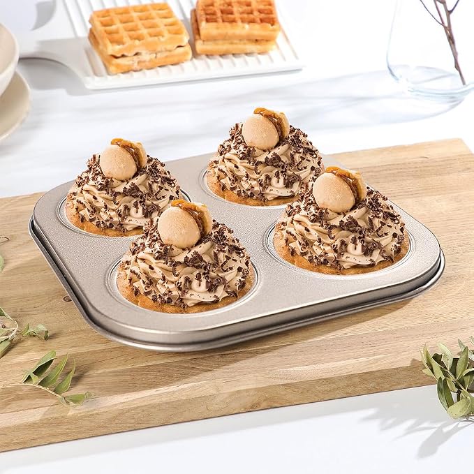 4-Hole Muffin Pan, Bakeware Non-stick Cupcake Baking Pan Mini Pie Pans, Heavy Duty Carbon Steel Muffin Tray Standard Baking Mold Pan for Oven Bakings (COLOR:Gold, 1pc)