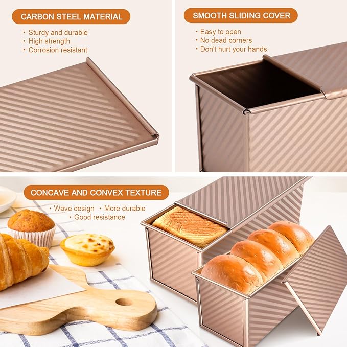 2Pack Large Bread Pan with Lids – 2.2LB Dough Capacity, Non-Stick Carbon Steel Bread Pans for Homemade Sandwich and Sourdough Bread, Corrugated Toast Mold(Gold)