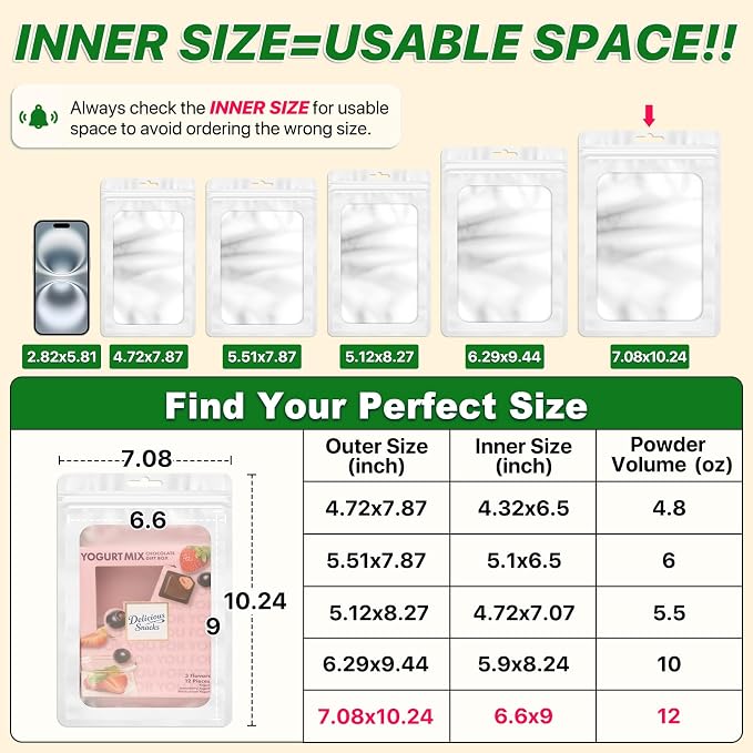 ANZNKU 100 PCS Resealable Mylar Bags with Frosted Clear Window Bags Packaging Bag Foil Pouch Zipper Bag for Food Self Sealing Storage Supplies (7.08x10.24, White)