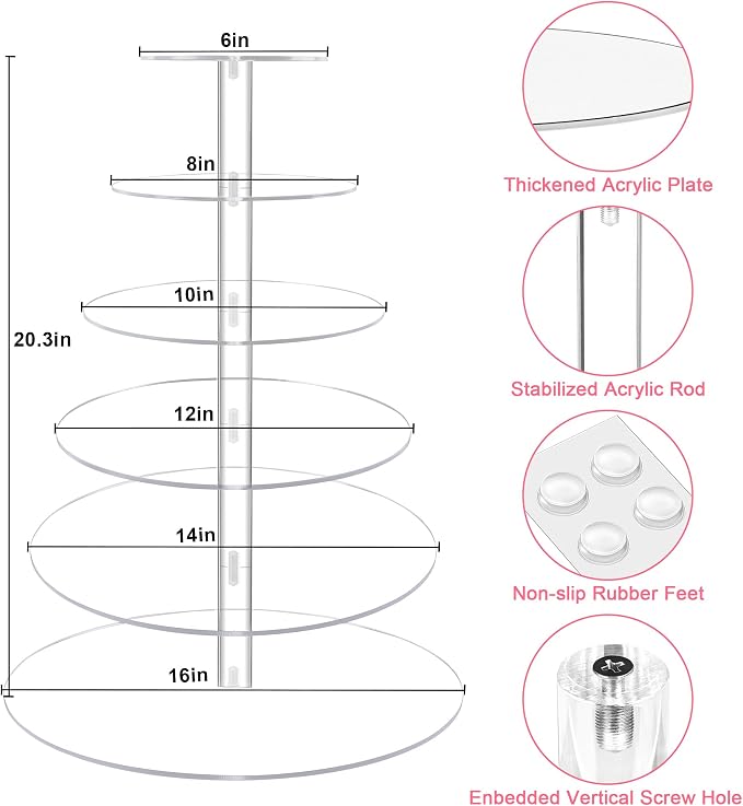 Cupcake Stand for 80 cupcakes, Acrylic, Large, Round, 6 Tier, Easy Assembly, Clear, for Wedding,Birthday, Party, Baby Shower