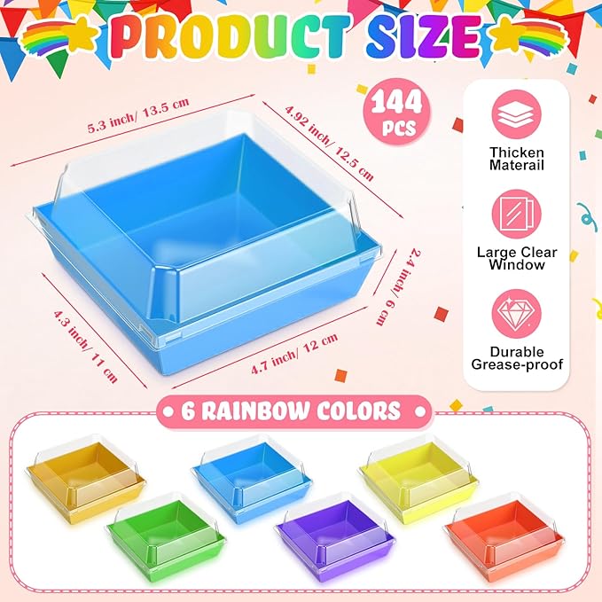 Vesici 144 Pcs 5 Inch Rainbow Small Charcuterie Boxes with Clear Lids Gay Pride Cake Slice Containers Paper Bakery Boxes Disposable Food Containers for Dessert Cookie Sandwich Mini Cake Strawberry