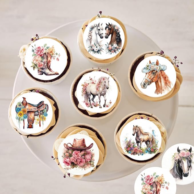 36PCS Edible Floral Horse Cupcake Toppers Wafer Paper Western Cowgirl Cupcake Toppers Edible Derby Horse Cupcake Picks for Western Derby Horse Theme Party Decoration Supplies