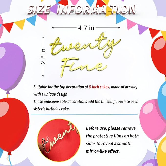 Twenty Fine Cake Topper – Gold Acrylic 25th Birthday Cake Decoration, Funny Twenty Five Cake Sign, Reusable Cake Topper for Men & Women Party Supplies (TWENTY FINE)