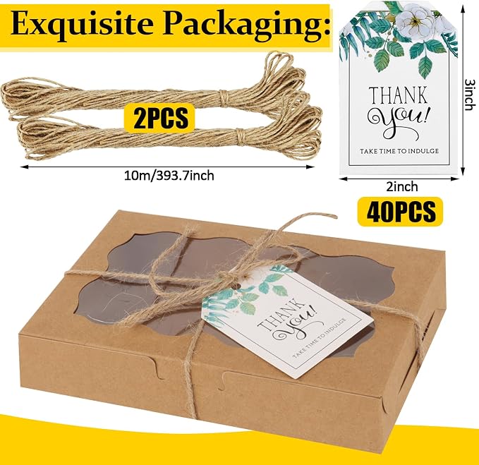 40 Pack Cookie Boxes with Clear Window, 7 x 4 3/8 x 1½ Inch Small Kraft Candy Boxes Premium Pastry Boxes with Tags Ropes for Cookie Packaging, Dessert, Donuts, Pie, Cupcakes, Parties